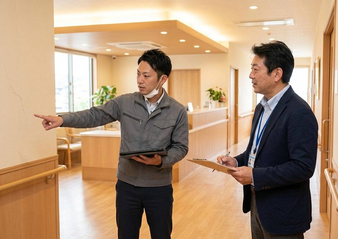 病院や介護施設の修繕内容について現場で確認している様子